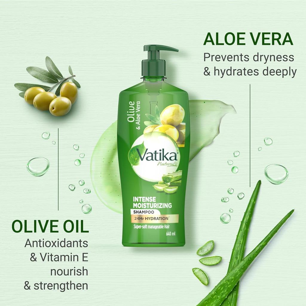 Dabur Vatika Шампунь Алоэ Вера и Олива 640мл | Интенсивное увлажнение | 24-часовое увлажнение для сухих волос, без пушистости | Питательная и укрепляющая формула