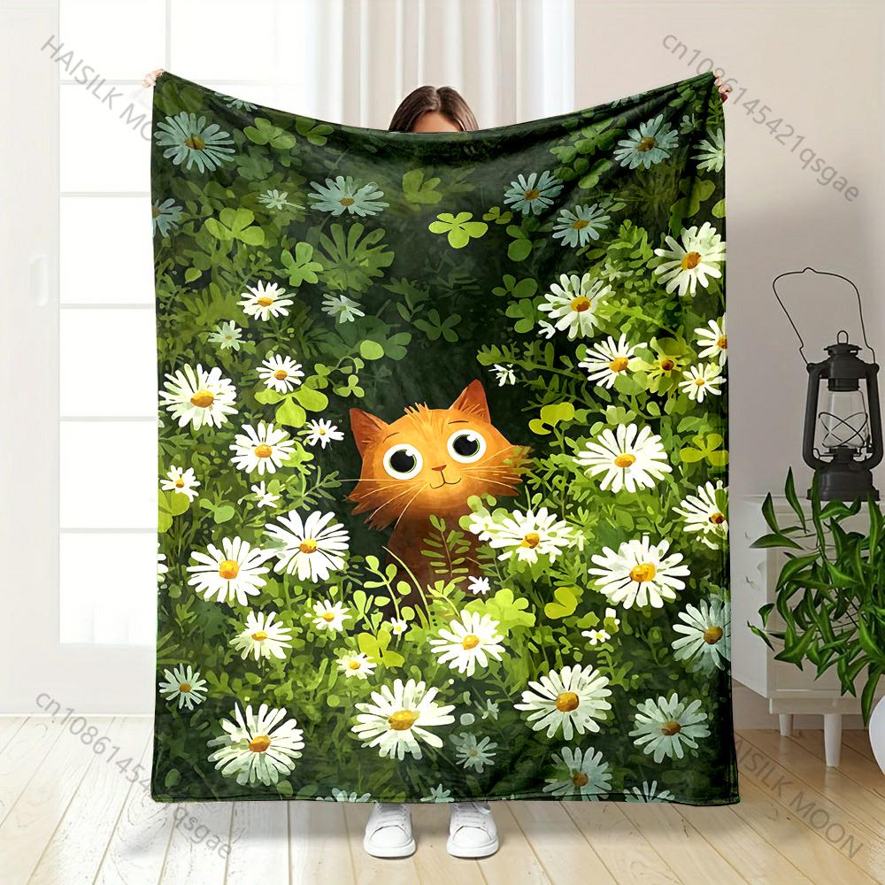 Orange cat hiding in daisies Print Blanket Warm Soft Fluffy Kids and Adult Sofa Bed Throw Blanket Outdoor Travel Camping RV