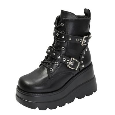 Мода 2025 Новые женские ботильоны из искусственной кожи Женские осенне-зимние туфли с круглым носком на шнуровке Женские мотоциклетные ботинки на платформе Готическая обувь