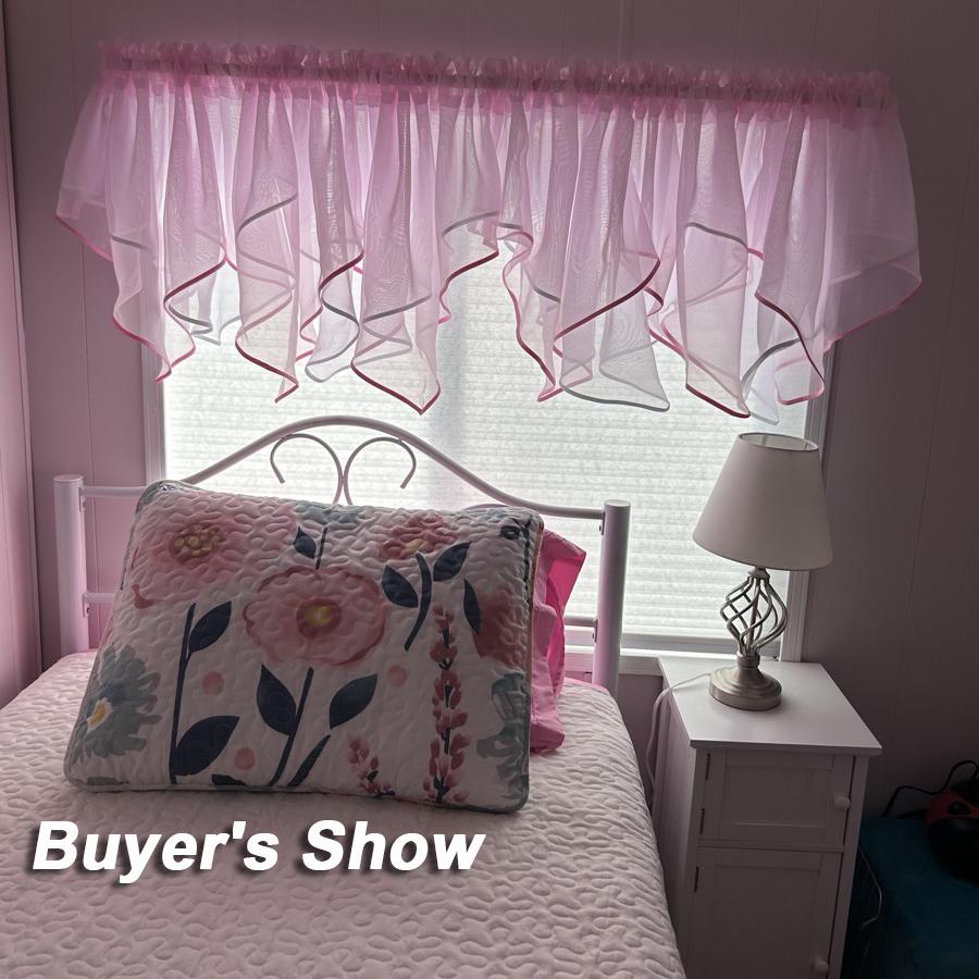 Pink White Staggered Tulle Short Curtains for Kitchens Extra Wide Windows Wavy Ruffled Valance for Doorway Rod Pocket Drapery
