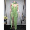 Shimmering Fringe Long Sleeve Performance Dress Slim Fit Halter Neck Evening Gown Nightclub Gogo Dance