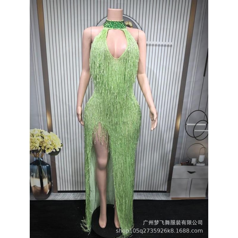 Shimmering Fringe Long Sleeve Performance Dress Slim Fit Halter Neck Evening Gown Nightclub Gogo Dance