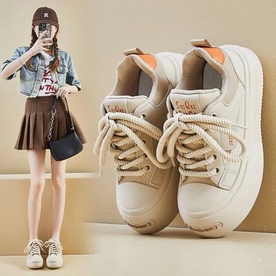 Модная женская повседневная обувь на толстой подошве Новинка Однотонный тренд Круглый носок Повседневная шнуровка Вулканизированная обувь Кроссовки Женская Роскошь