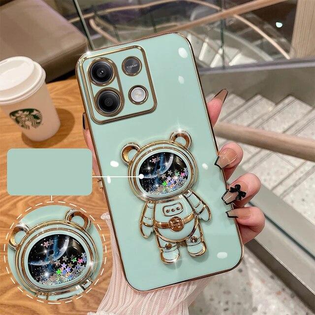 Чехол с 3D зыбучим песком и космическим медведем для Redmi Note 13 4G 5G, гальванический мягкий силиконовый милый чехол-кронштейн для Xiaomi Redmi Note 13 Pro Plus 12 Pro 11 10