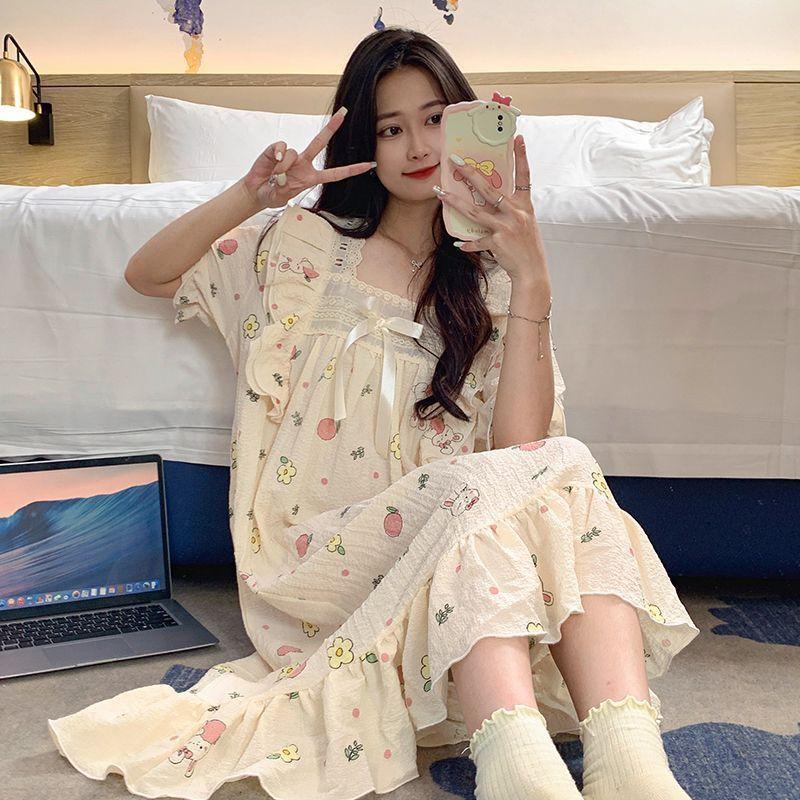 Пижамы для женщин летом милые тканые хлопковые пижамы в стиле принцессы с короткими рукавами для женщин летом тонкая весенне-осенняя домашняя одежда