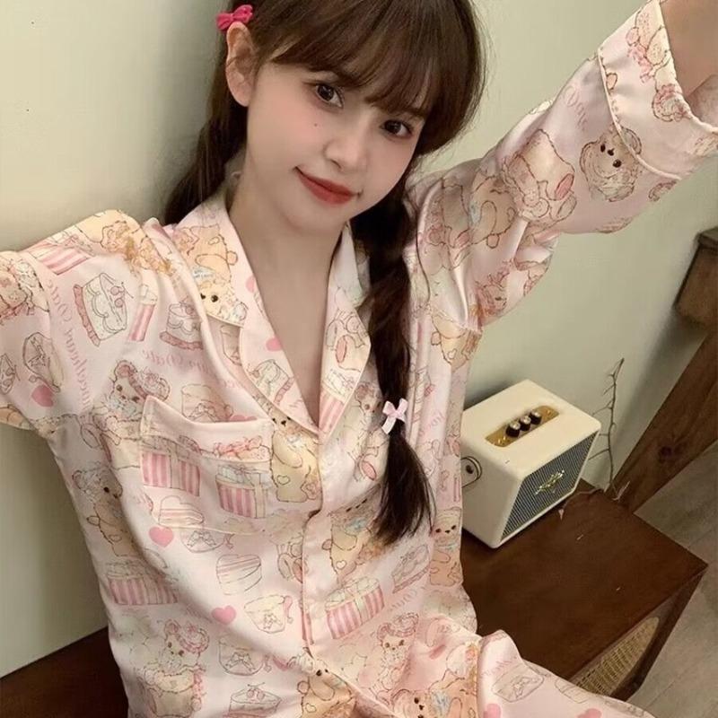 Ice Silk Pajamas Women's Spring and Autumn New Cute Bear Cake High-end Summer Home Clothes Long Sleeve Outwear