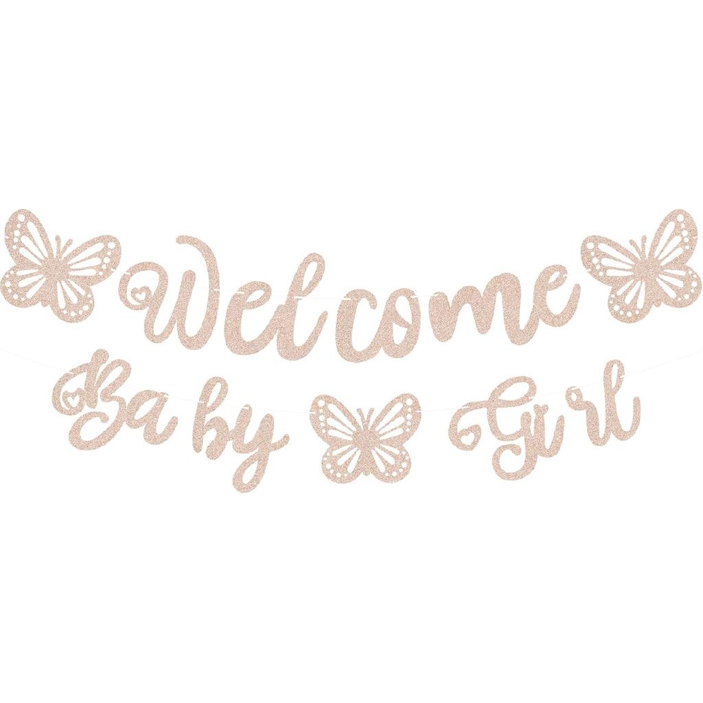 Pre-Strung Welcome Baby Girl Banner - Rose Gold Glitter Butterfly Theme Baby Shower Decorations, Perfect for Gender Reveal Party/Baby Girl Birthday