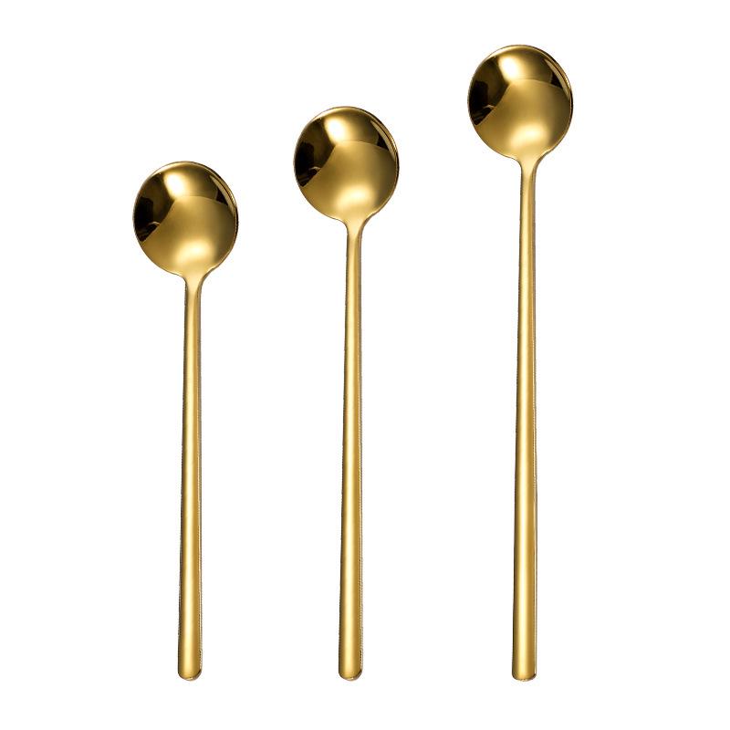 Long Handle Gold Stainless Steel Dessert & Coffee Spoon - 410 Stainless Steel, Small Round Design