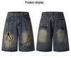 Men's Retro Distressed Hand-Painted Spider Denim Shorts - Loose Fit, Blue, Summer Straight-Leg Style