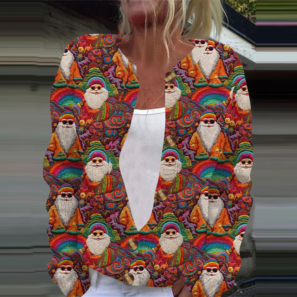 Women's Fashion Christmas Printed Long Sleeve Knitted Cardigan Button Down Jacket