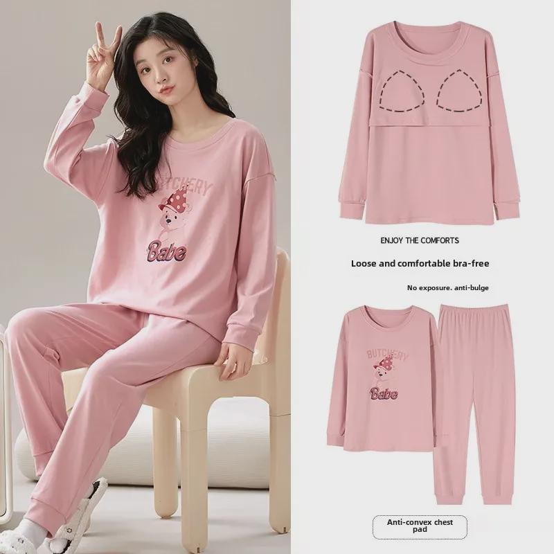 Женский пижамный комплект с рисунком из мультфильмов на весну/осень с нагрудными накладками, длинными рукавами и брюками — свободный, удобный и подходит для ношения на открытом воздухе