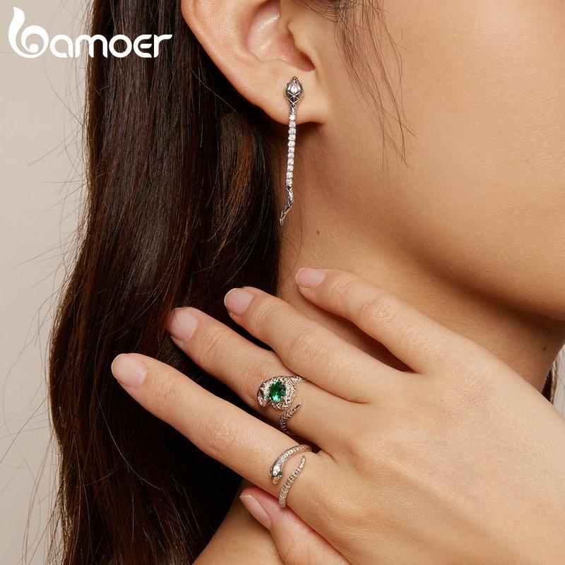 BAMOER 925 Sterling Silver Green Spinel Opening Ring Vivid Snake Adjustable Ring for Women Cubic Zirconia Fine Jewelry