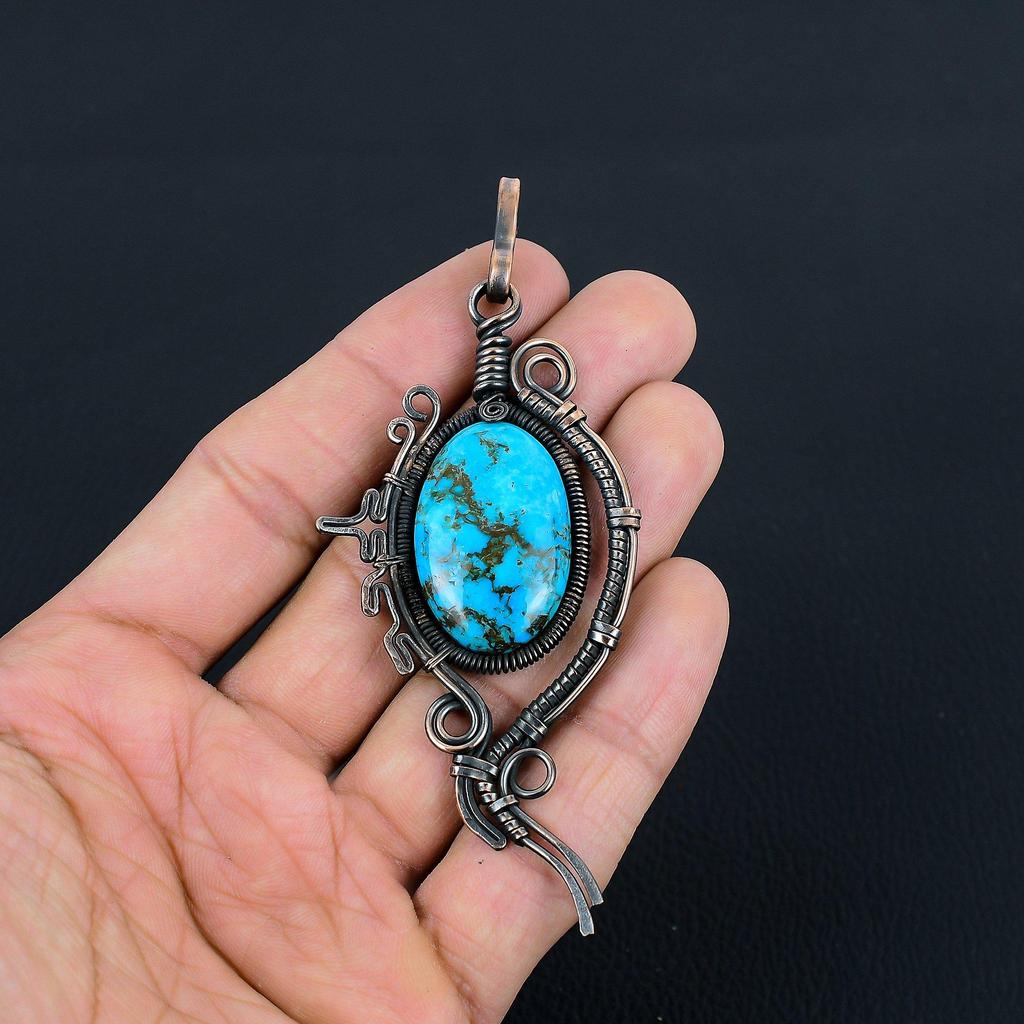 Изумительный кулон ручной работы из чистой медной проволоки с бирюзовым драгоценным камнем для нее