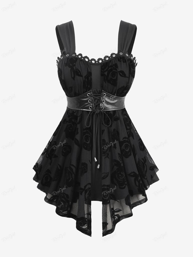 Rosegal Plus Size Rose Flowers Flocking Mesh Lace-up Grommets Lace Trim Asymmetrical Tank Top