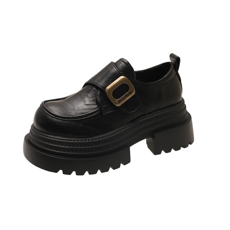 2025 British Style Super High Heel Thick Sole Heightening Metal Buckle Small Leather Shoes Thick Sole Muffin Single Shoes Spring New Women