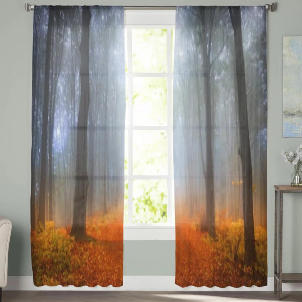 Autumn Foggy Forest Sheer Curtains For Living Room Window Transparent Voile Tulle Curtain Bedroom Drapes Home Decor