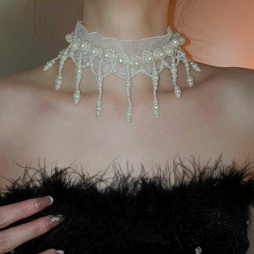 White Tassel Beads Necklace Creative Mesh Neck Jewelry Neck Pendant Pearl Lace Choker Bride