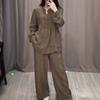 Осенняя мода Удобный смесовый хлопок-лен Лонгслив с полупуговицами Повседневный На шнурке Широкие брюки Комплект