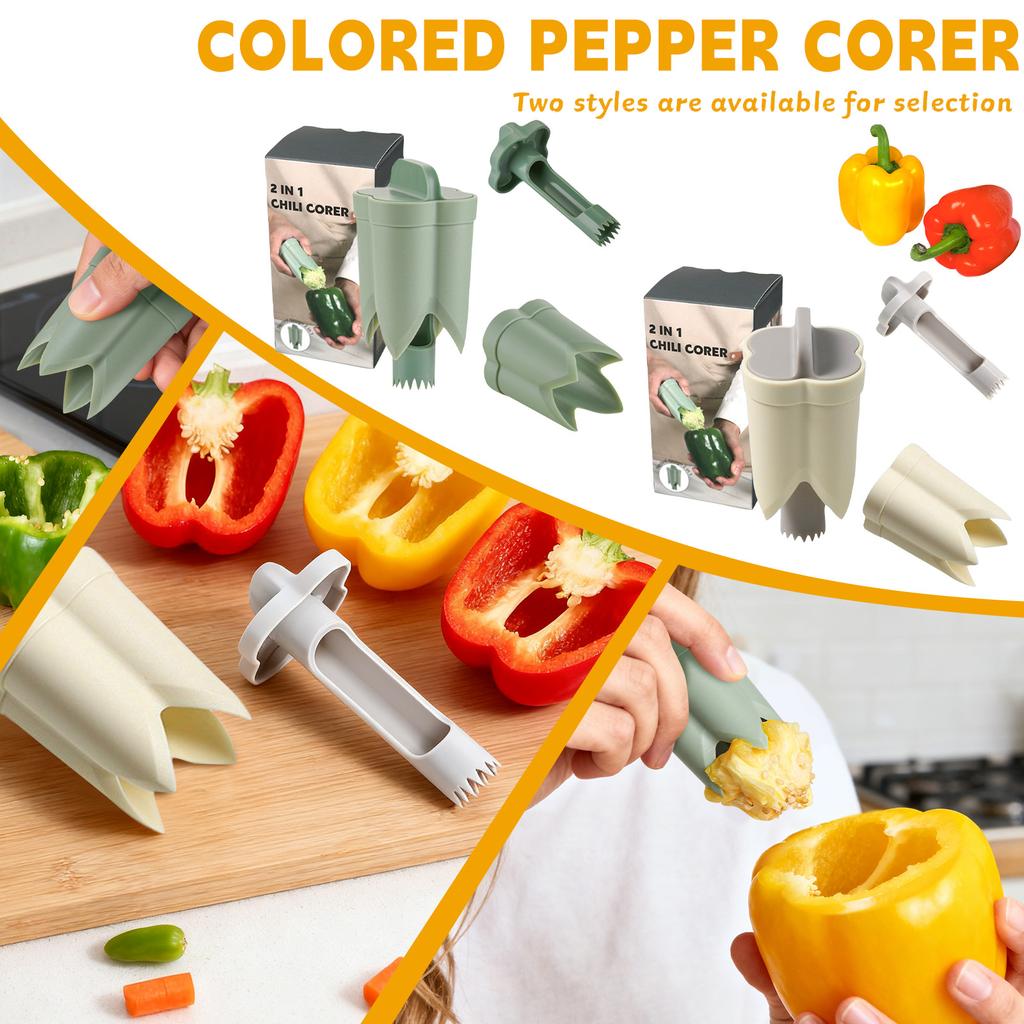 Pepper Corer, 2 In 1 Red Bell Pepper Seed Corer Remover Tool, Fruit & Vegetable Corers Quick Tools For Jalapeno Cutter Deseeder, Green Yellow,