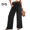 Женские брюки с эластичной талией, повседневные свободные брюки с карманами, однотонные широкие длинные брюки для работы и отдыха