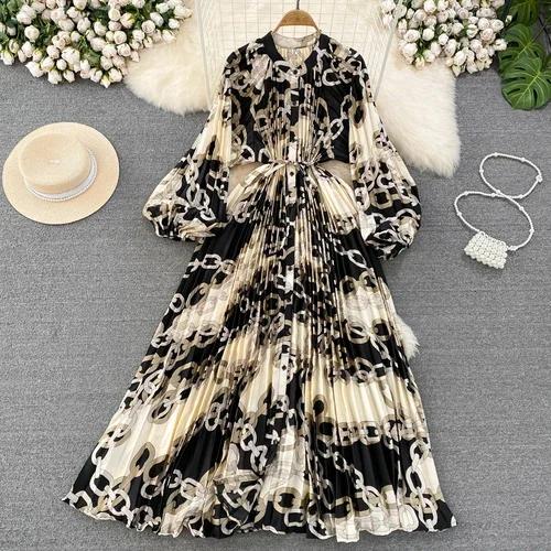 Платья Temperament Lantern Длинные рукава Круглый вырез Тонкий однобортный принтованное платье Элегантные винтажные шикарные женские платья