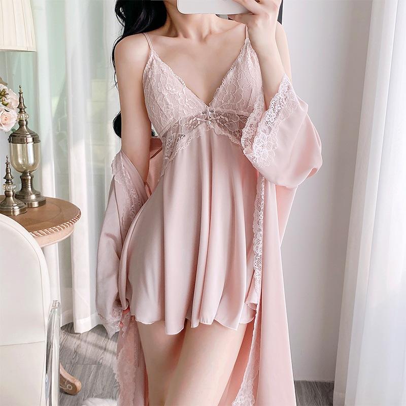 Sexy pajamas women's ice silk thin style with chest pad lace suspender nightdress pure desire style silk new loungewear