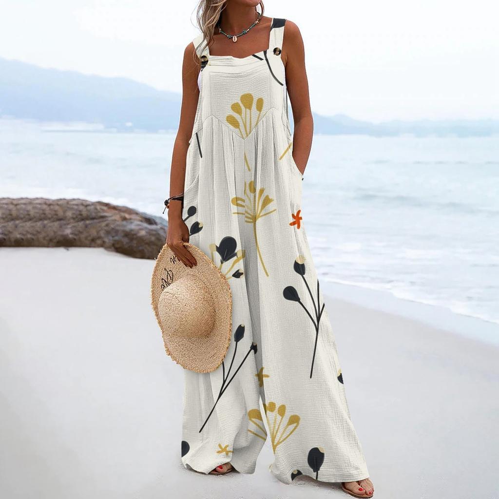 Женские комбинезоны, повседневные комбинезоны с широкими штанинами и принтом, комбинезоны без рукавов с карманами, наряды