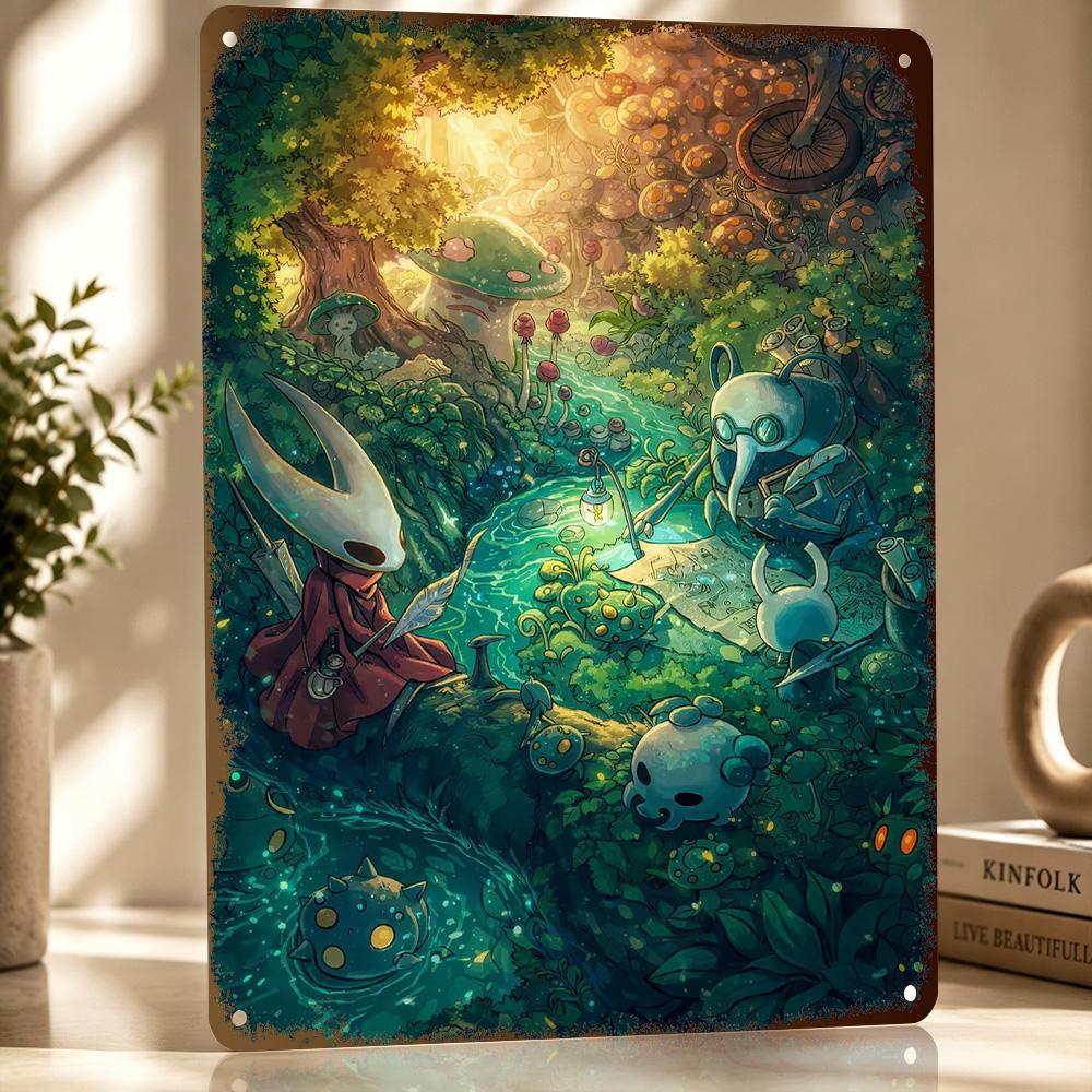 Персонажи Hollow Knight у лесного ручья Персонализированный Металлический Плакат D Текстуры Настенное Искусство Жестяная Вывеска для Декора Стен Деко Деко Жесть