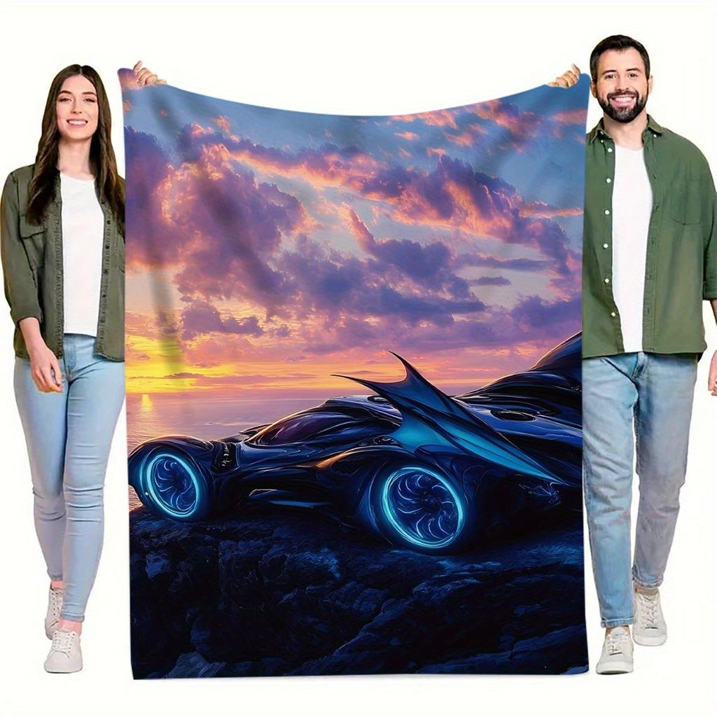 1pc Batmobile Sunset Digital Printed Design Blanket - All-Season Soft Flannel Throw with Vibrant Futuristic Car & Starry Sky