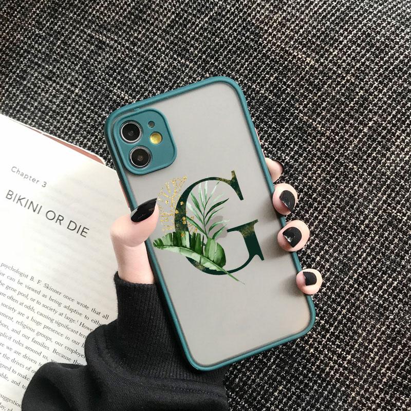 Чехол для телефона с начальной буквой от A до Z Для iPhone 12 13 Mini 11 Pro Max Листья Алфавит Зеленая задняя крышка Для iphone 11 14 promax Чехлы
