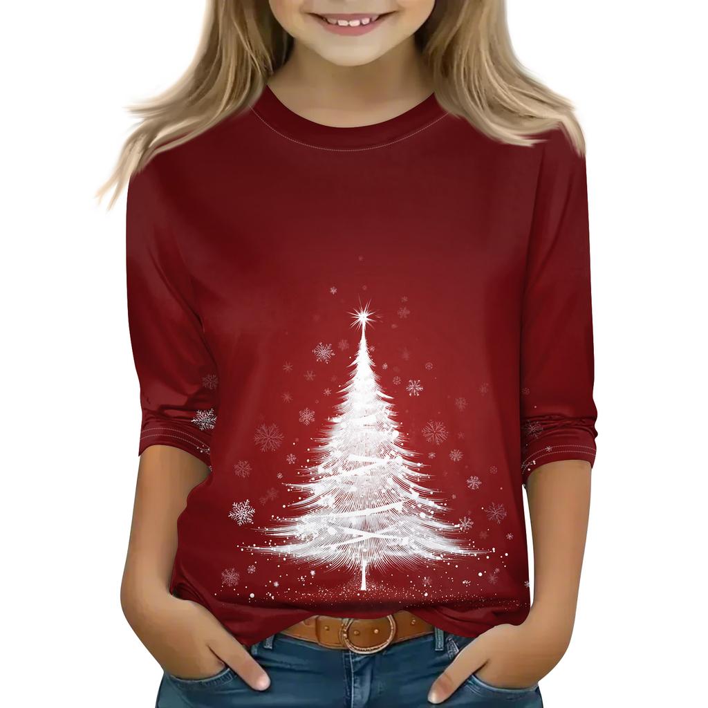Рождественские топы с принтом для девочек-подростков 4-11 лет, футболки с круглым вырезом и рукавами 3/4, модные топы, нарядные футболки