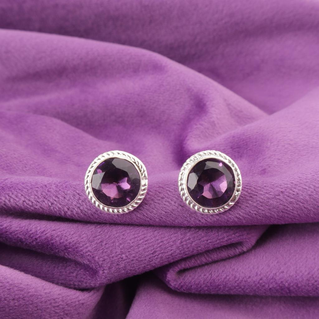 Круглый Аметист Драгоценный Камень Стерлинговое Серебро Подарок на День Рождения Помолвочные Серьги-Пуссеты EE-147-4