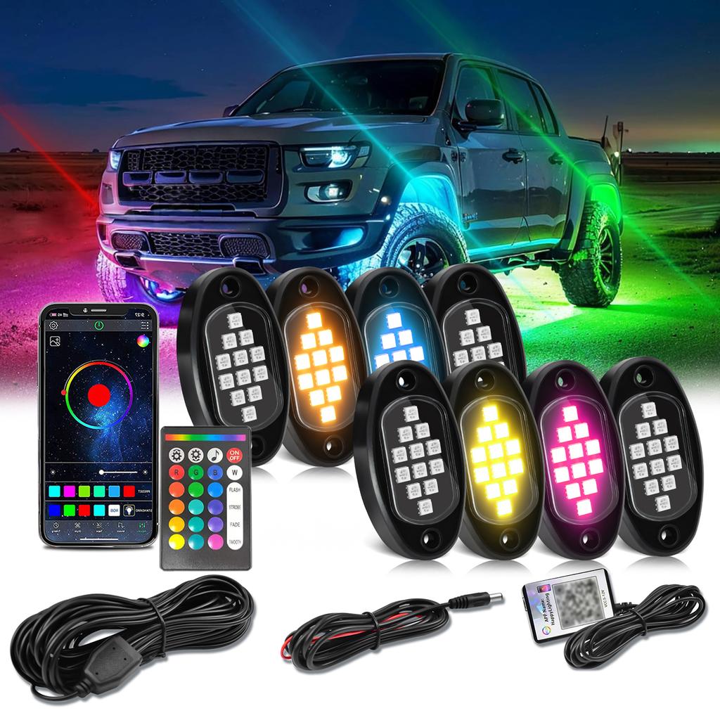 RGB Автомобильная подсветка днища, Многоцветный светодиодный комплект подсветки днища, 8 блоков, Акцентное освещение с управлением через приложение для телефона, Пульт