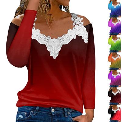 Модный кружевной пуловер с V-образным вырезом, длинный рукав, градиентный принт, повседневная футболка