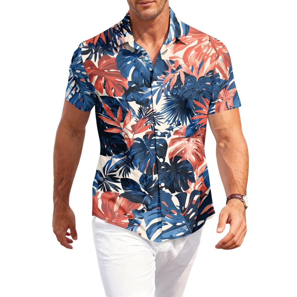 Men's Casual Loose Fit Hawaiian Print Short Sleeve Shirt Button Down Beach Vacation Shirt Lightweight Breathable Summer Top