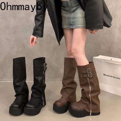 Мода Панк Стиль Женщины Вестерн ковбойские сапоги Модные туфли без застежек Осень Зима Платформа Каблук Дамы Рыцарь Длинные сапоги