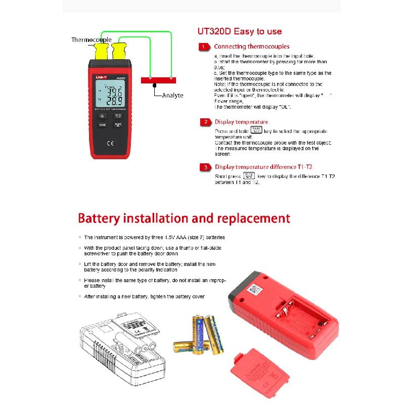 UNI-T UT320A UT320D Digital Thermometer Mini Dual Contact Thermocouple Type K J High Temperature Meter Tester -50℃ to 1200℃