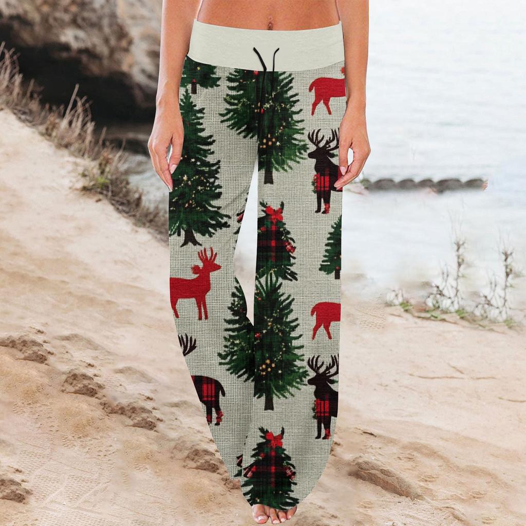 Women's Fashion Casual Comfortable Pajama Pants Christmas Print Drawstring Wide Leg Pants