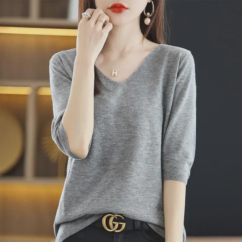 Korean Style Women's V-Neck Mid-Sleeve Loose Knit Pullover Shirt - Spring/Summer Thin Sweater Top