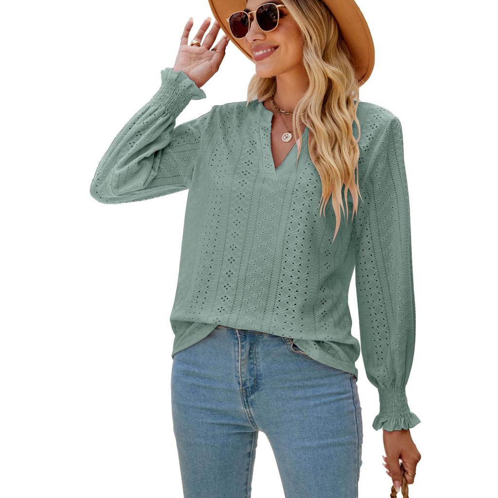 New Ladies Solid Color V-neck Casual Temperament Ladies Top Fashion Ladies Long Sleeves