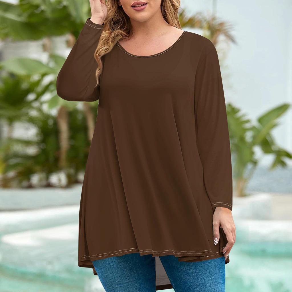 Women's Fashion Large Size Round Neck Long Sleeve Casual Solid Color Loose Pullover Top
