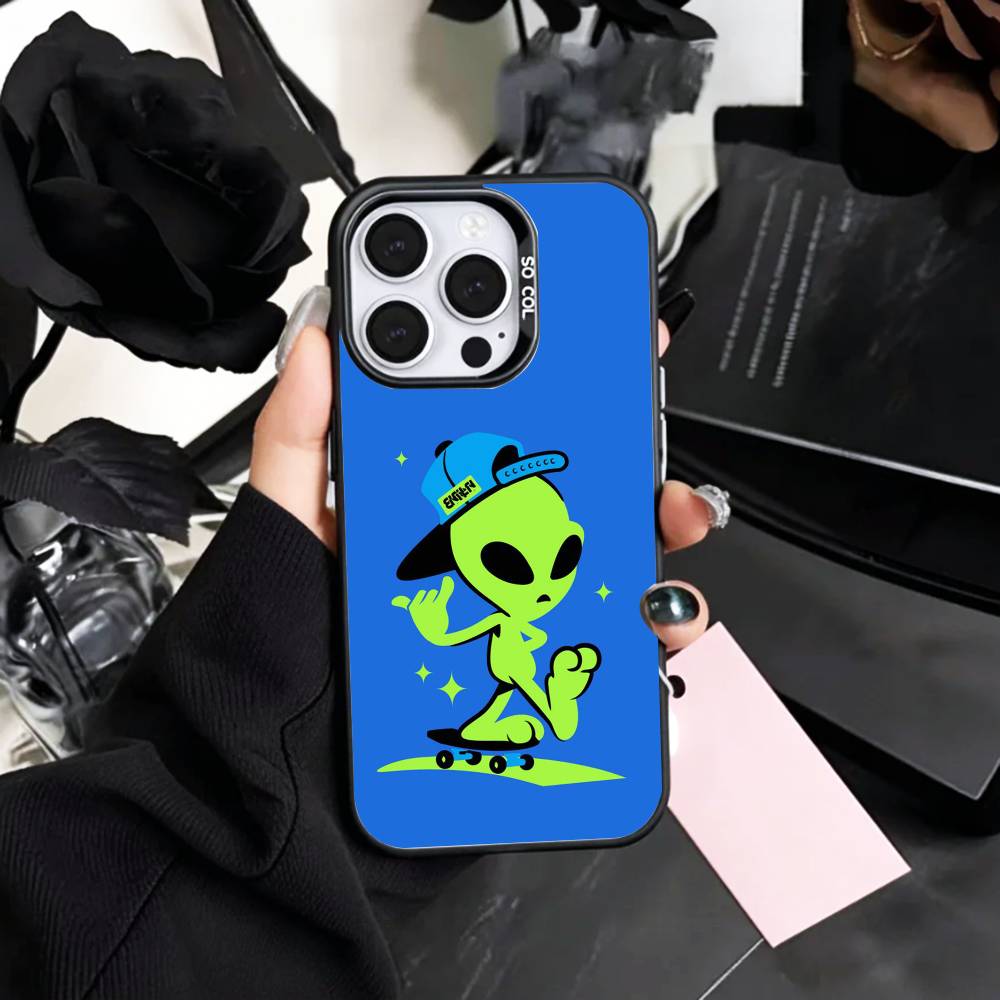 Cool C-Cartoon Alien Space Phone Case For iPhone17,16,15,14,13,12,11 Plus,Pro Max Colored Silver Plated Inside Cover