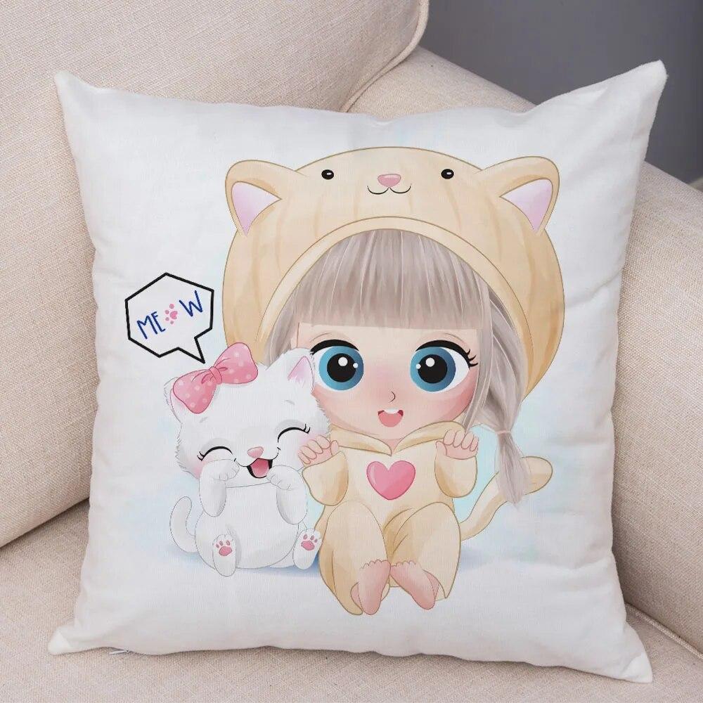 Children's Room Sofa Home Pillowcase Cute Cartoon Girl and Cat  Decoration  Animal Cushion Cover
