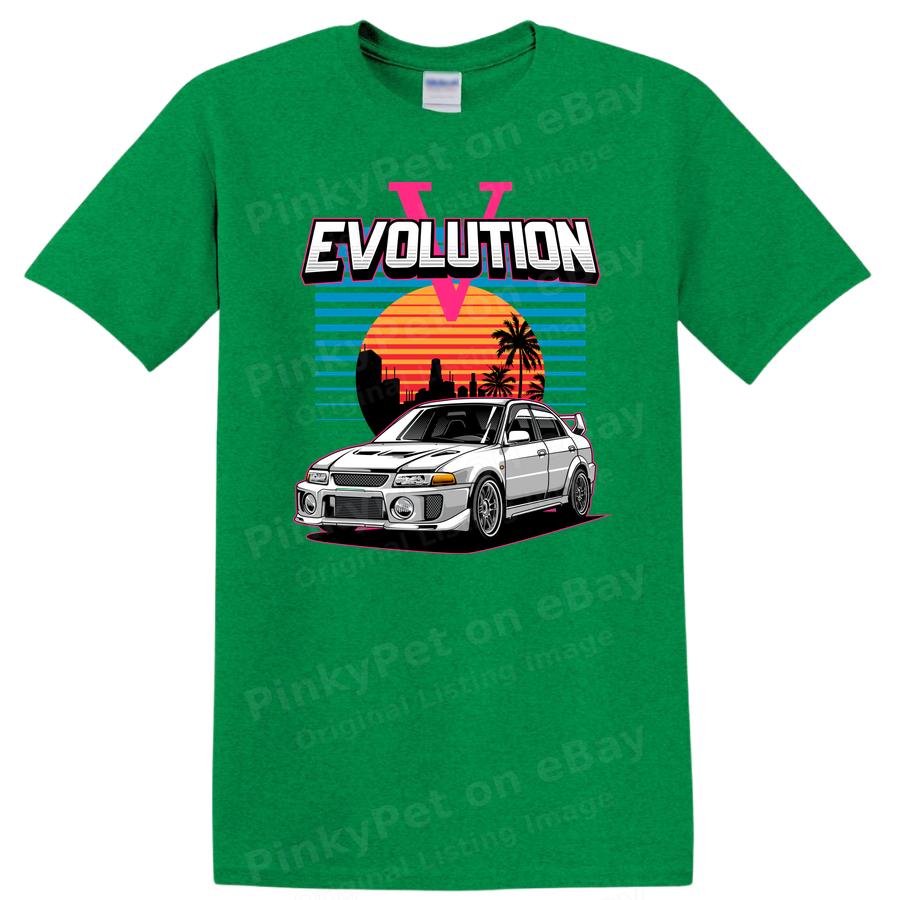Evolution V Car Graphic T Shirt Retro Sunset Design Tee for Car Enthusiasts
