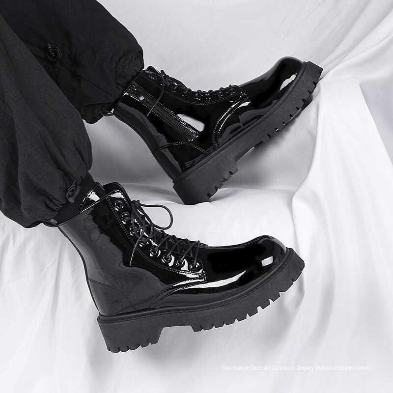 COS Men's Genuine Leather British Style Height-Boosting 10cm Motorcycle Martin Boots