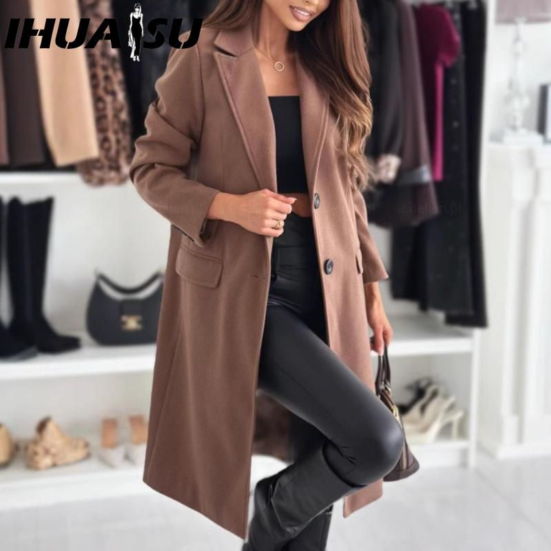 IHUASU Women's Vintage Casual Lattice Print Autumn Winter Long Sleeve POLO Neck Jackets & Coats