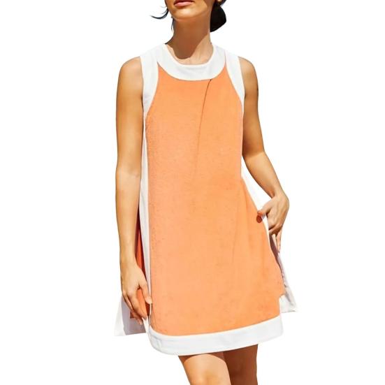 Комплект из двух вещей для женщин Летние наряды в стиле бохо с цветными блоками Без рукавов Круглый вырез Разрез сбоку Мини-платье Повседневные комплекты с шортами для отдыха