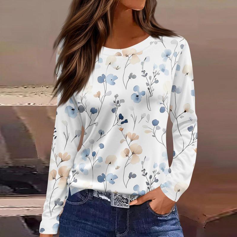 Women's Fashion Casual Slit Hem Round Neck Long Sleeve Loose Printed T-Shirt Ladies Top T-Shirts Women’s