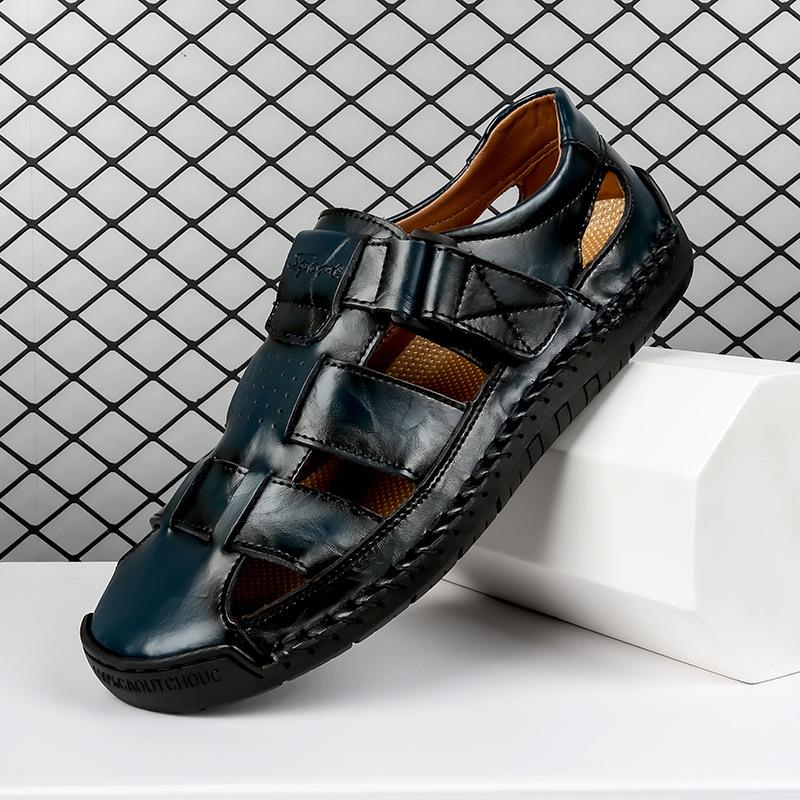 Fashion Real Cowhide Spring and Summer New Men's Sandals with Thick Soles and Toe Caps, Beach Shoes, Outdoor Casual Shoes, Sizes 36-46