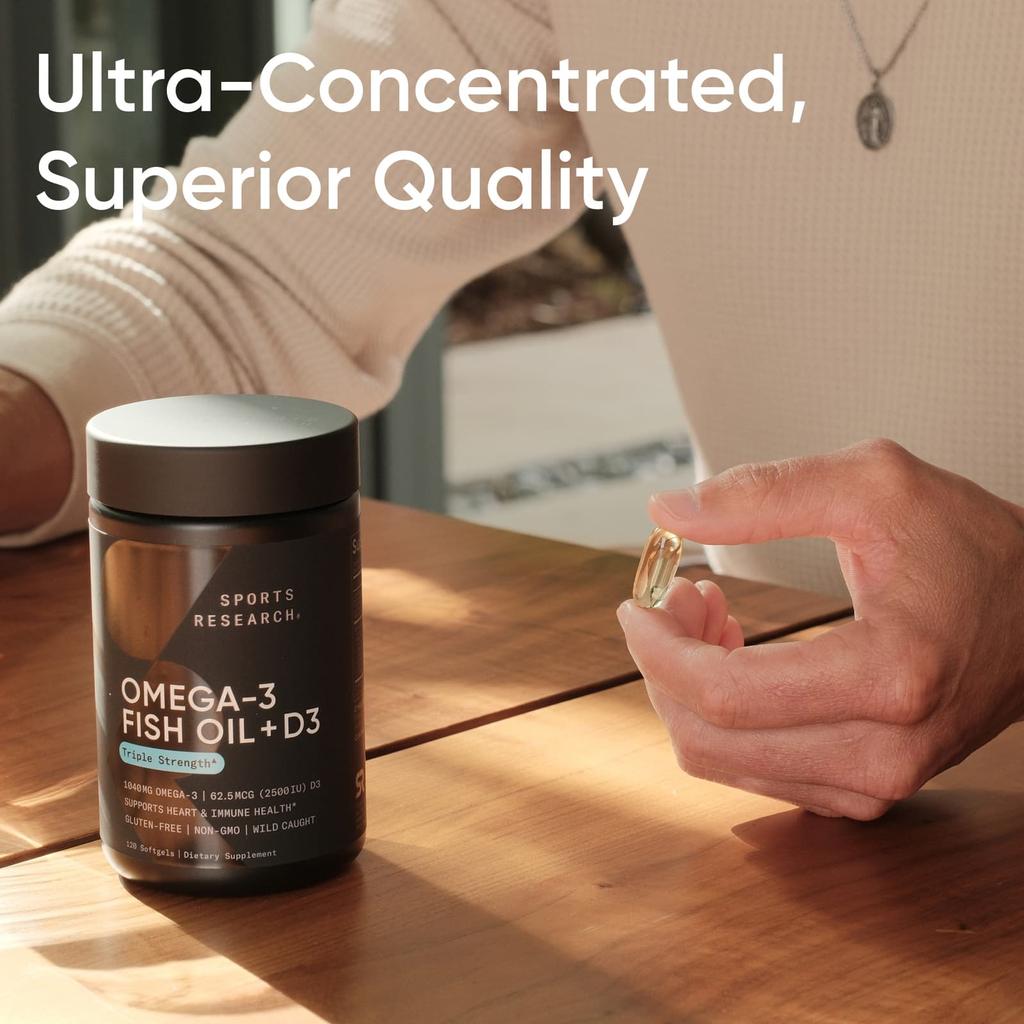 Sports Research Omega3 Fish Oil + D3, Triple Strength, 1,040mg & 62.5mcg (2,500IU), 120 Softgels